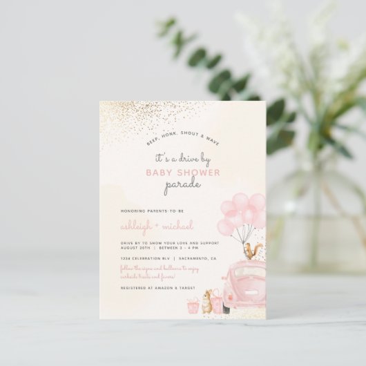 Blush-roze ballonnen auto's met Baby shower Uitnodiging Briefkaart (Staand voorkant)