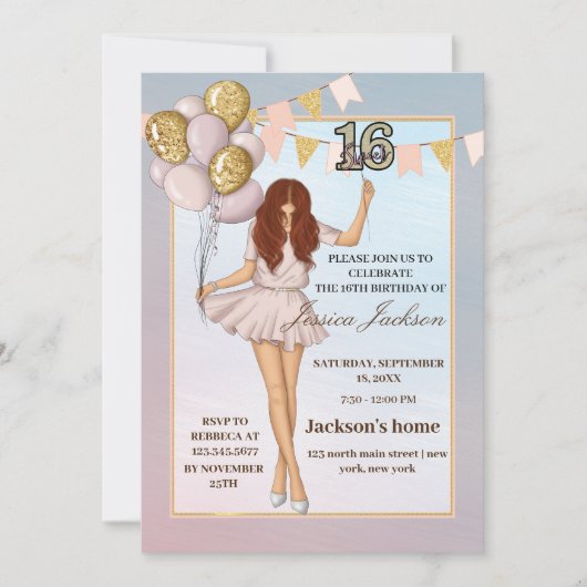 Blush Roze Ballonnen Roos Goud Sweet Sixteen Kaart (Voorkant)