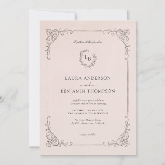 Blush Roze Barok Lijst I Huwelijksuitnodiging Kaart (Voorkant)