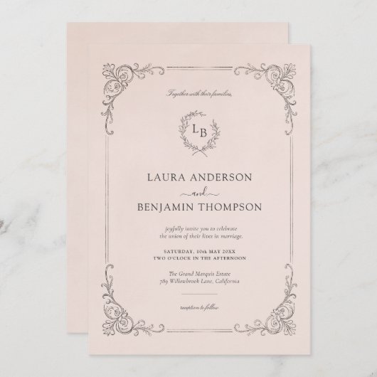 Blush Roze Barok Lijst I Huwelijksuitnodiging Kaart (Voorkant / Achterkant)