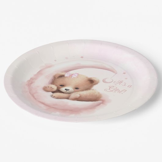 Blush Roze Beer Meisje Baby shower Papieren Bordje (Gekanteld)