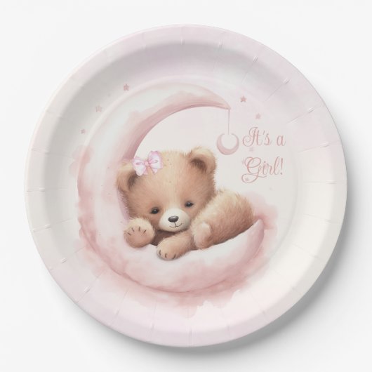 Blush Roze Beer Meisje Baby shower Papieren Bordje (Voorkant)