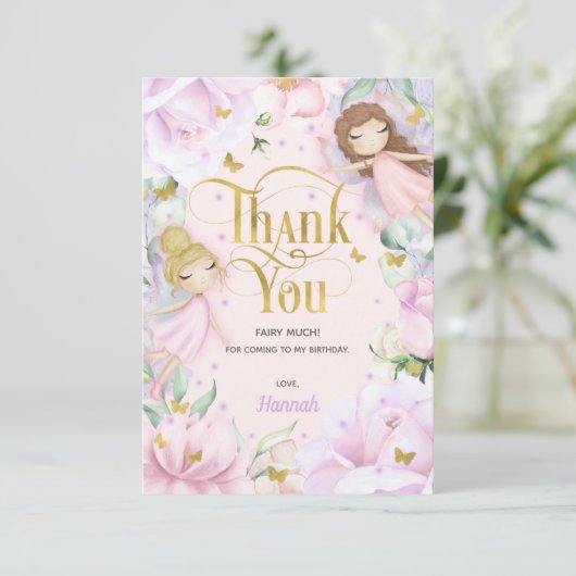 Blush roze betoverde sprookjesverjaardag bedankkaart (Staand voorkant)