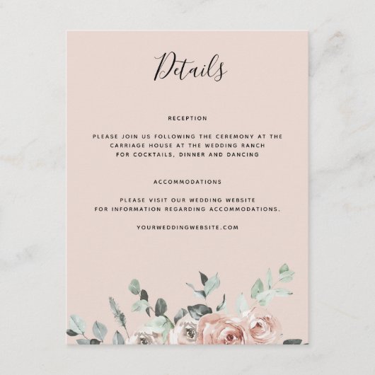 Blush Roze bijtende Floral Eucalyptus Informatiekaartje (Voorkant)