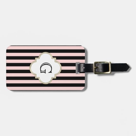 Blush Roze, Black Stripe White Monogram Label Bagagelabel (Voorkant horizontaal)