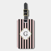 Blush Roze, Black Stripe White Monogram Label Bagagelabel (Voorkant verticaal)