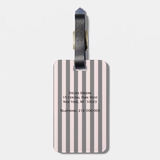Blush Roze, Black Stripe White Monogram Label Bagagelabel (Achterkant verticaal)