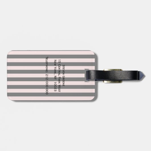 Blush Roze, Black Stripe White Monogram Label Bagagelabel (Achterkant horizontaal)