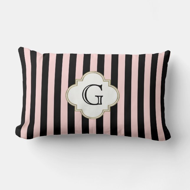 Blush Roze, Black Stripe White Monogram Label Kussen (Voorkant)