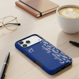 Blush roze Blad patroon op Blauw monogram iPhone 16 Pro Max Hoesje