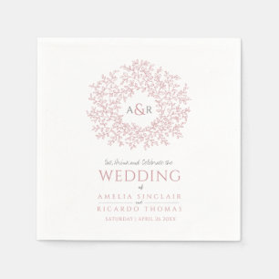 Blush roze bladcirkel monogram kunst bruiloft aang servet