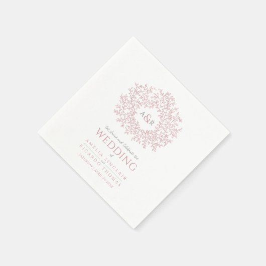 Blush roze bladcirkel monogram kunst bruiloft aang servet (Hoek)