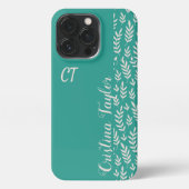 Blush roze Bladpatroon op blauwgroen monogram iPhone Hoesje (Achterkant)
