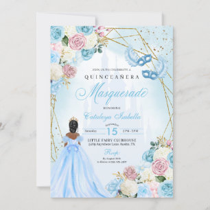 Blush Roze Blauw Assepoester Masquerade Quinceaner Kaart