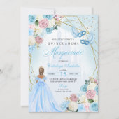 Blush Roze Blauw Assepoester Masquerade Quinceaner Kaart (Voorkant)