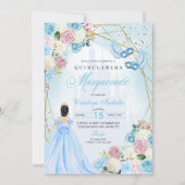 Blush Roze Blauw Assepoester Masquerade Quinceaner Kaart (Voorkant)