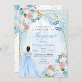 Blush Roze Blauw Assepoester Masquerade Quinceaner Kaart (Voorkant / Achterkant)