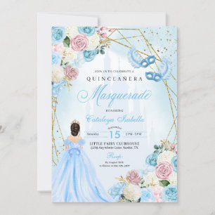 Blush Roze Blauw Assepoester Masquerade Quinceaner Kaart