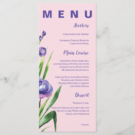 Blush Roze Blauw Bloemen Bruiloft Menu (Voorkant)