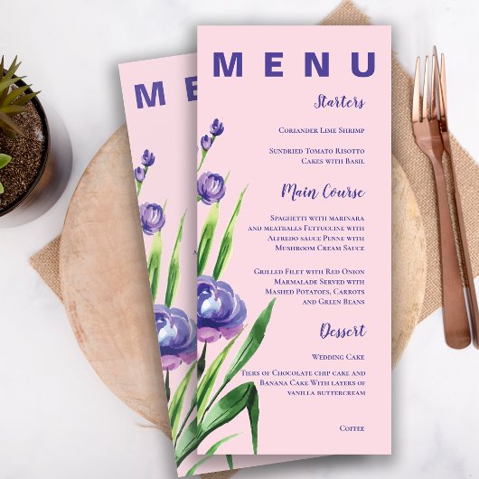 Blush Roze Blauw Bloemen Bruiloft Menu