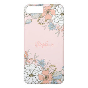 Blush Roze Blauw Bloemen Gepersonaliseerd iPhone 8/7 Plus Hoesje