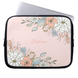 Blush Roze Blauw Bloemen Gepersonaliseerd Laptop Sleeve