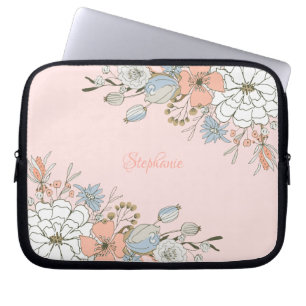 Blush Roze Blauw Bloemen Gepersonaliseerd Laptop Sleeve