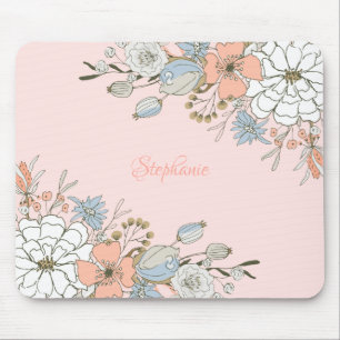 Blush Roze Blauw Bloemen Gepersonaliseerd Muismat