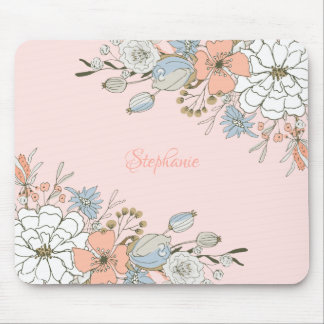 Blush Roze Blauw Bloemen Gepersonaliseerd Muismat