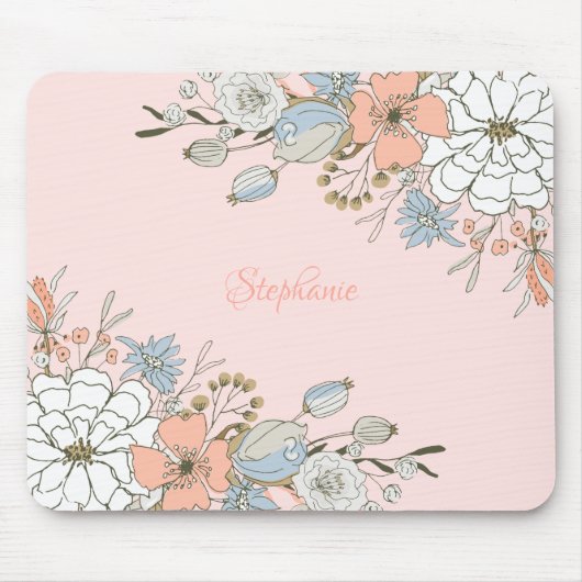 Blush Roze Blauw Bloemen Gepersonaliseerd Muismat (Voorkant)