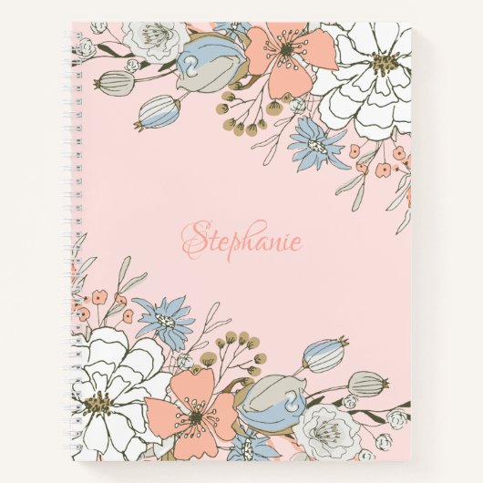 Blush Roze Blauw Bloemen Gepersonaliseerd Notitieboek (Voorkant)