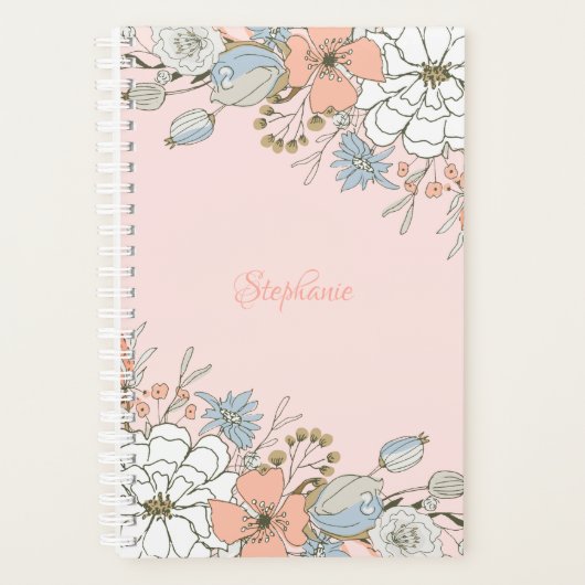 Blush Roze Blauw Bloemen Gepersonaliseerd Planner (Voorkant)