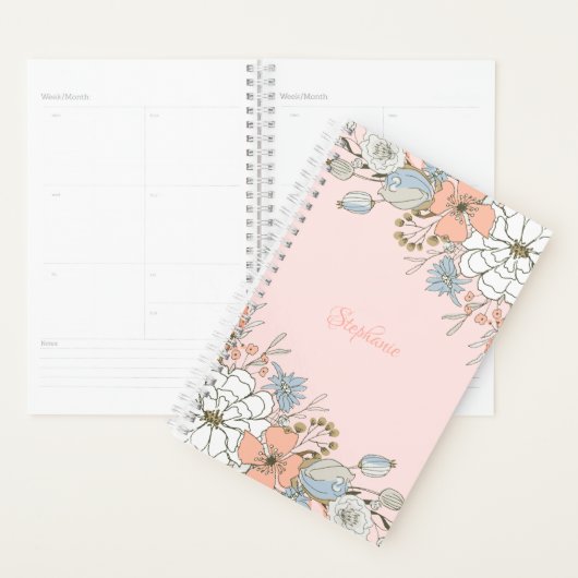 Blush Roze Blauw Bloemen Gepersonaliseerd Planner (Display)
