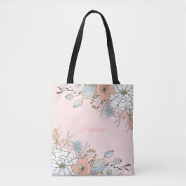 Blush Roze Blauw Bloemen Gepersonaliseerd Tote Bag