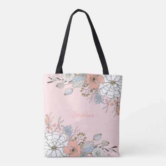 Blush Roze Blauw Bloemen Gepersonaliseerd Tote Bag (Achterkant)