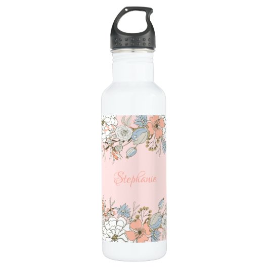 Blush Roze Blauw Bloemen Gepersonaliseerd Waterfles (Voorkant)
