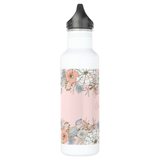 Blush Roze Blauw Bloemen Gepersonaliseerd Waterfles (Links)