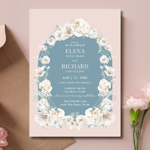 Blush Roze Blauw Bloemen Tuin Huwelijksuitnodiging Kaart