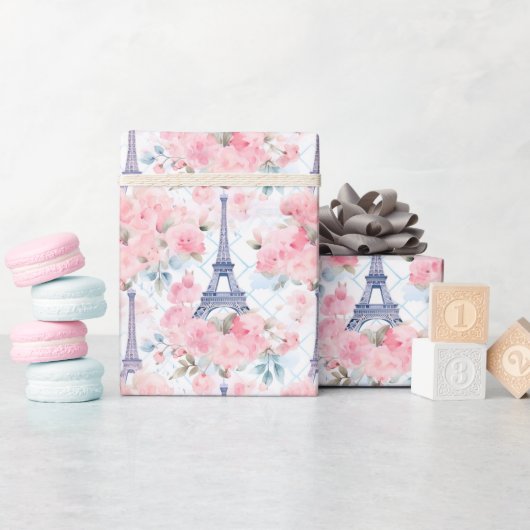 Blush Roze Blauw Eiffeltoren Parijs Franse Bloemen Cadeaupapier (Baby Shower)