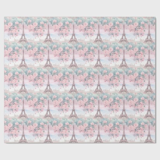 Blush Roze Blauw Eiffeltoren Parijs Franse landsch Cadeaupapier (Vlak)
