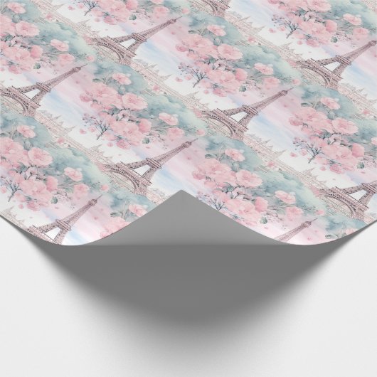 Blush Roze Blauw Eiffeltoren Parijs Franse landsch Cadeaupapier (Hoek)