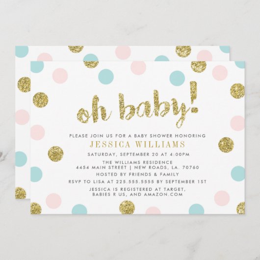 Blush roze, blauw en goud Baby shower Kaart (Voorkant / Achterkant)