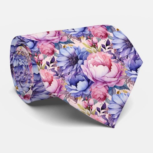 Blush Roze Blauw Paarse Violette Bloemen Bloemen Stropdas (Opgerold)
