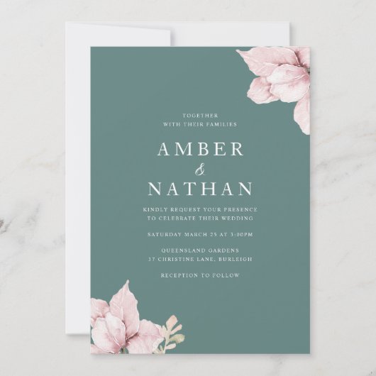 Blush Roze & Blauwgroen Elegant Bruiloft Kaart (Voorkant)