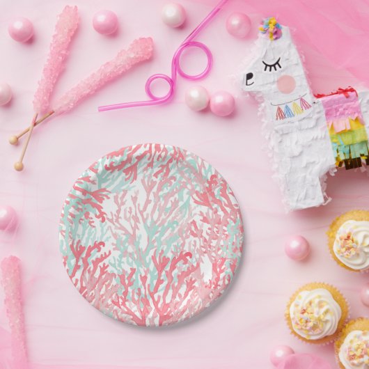 Blush roze blauwgroen koraal handbeschilderd rif f papieren bordje (Feest)