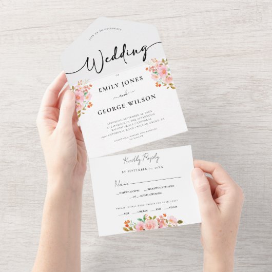 Blush roze bloederige bruiloft in één keer all in one uitnodiging (Afscheurbaar)