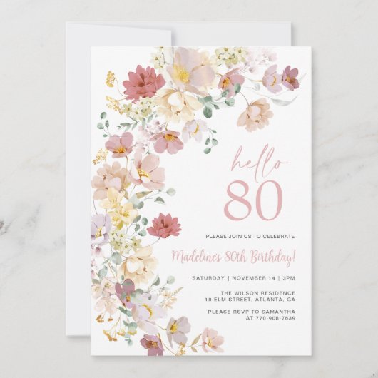 Blush roze bloem 80ste verjaardag kaart (Voorkant)