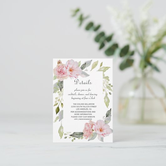  Blush Roze Bloem Bloom Wedding Details Informatiekaartje (Staand voorkant)