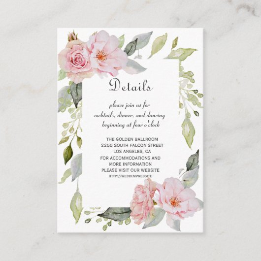  Blush Roze Bloem Bloom Wedding Details Informatiekaartje (Voorkant)