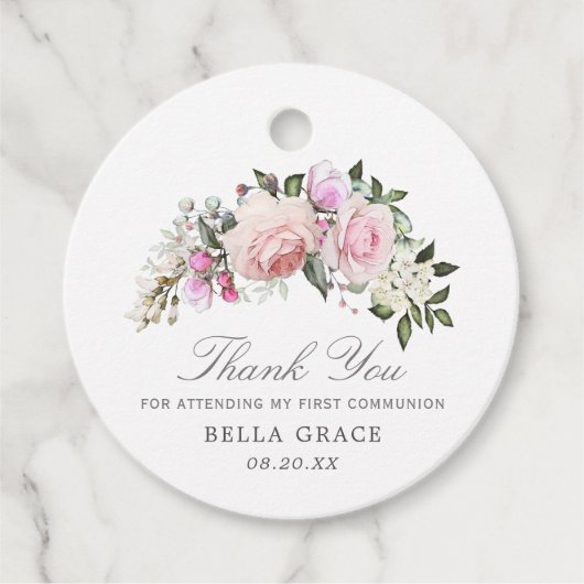 Blush roze bloem Eerste communie Dank je wel Bedankjes Labels (Voorkant)